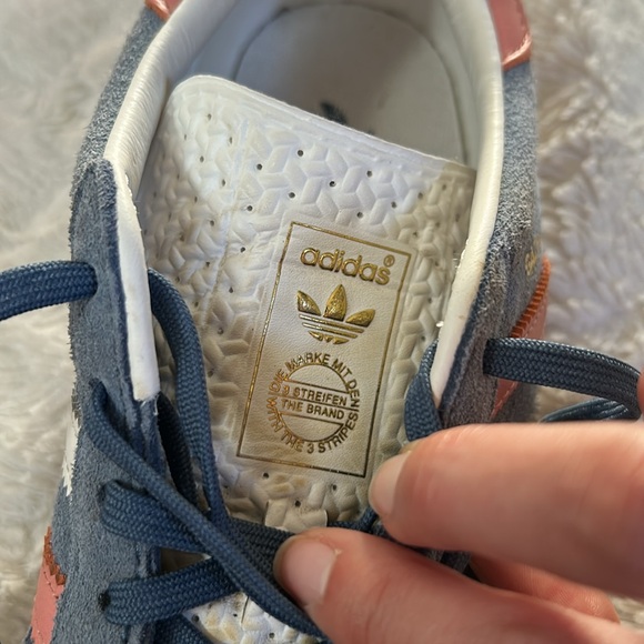 Adidas Gazelle Suede Blue w/Pink & White Stripes Sneakers - Picture 4 of 16